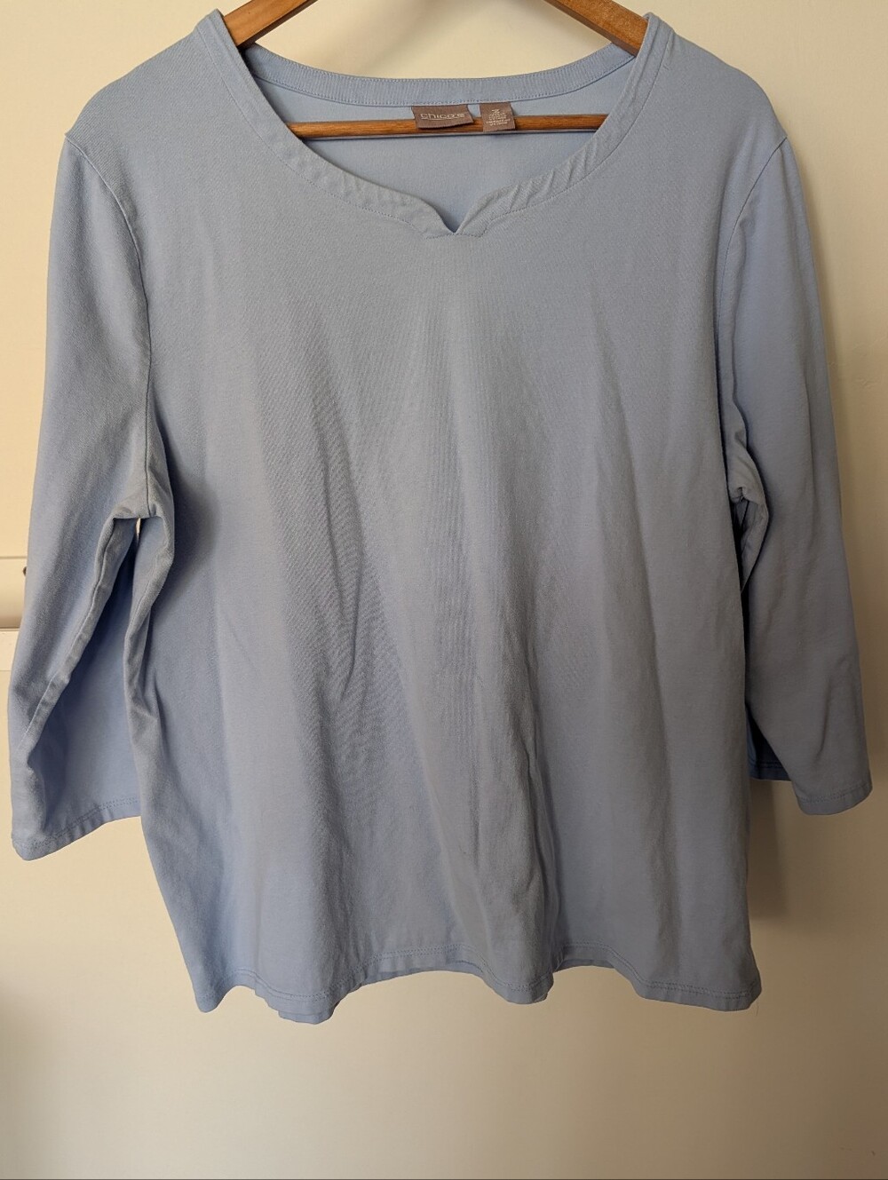 Chico's 3/4 Sleeve Soft Sturdy Cotton Stretch Tee Light Blue Women's Sz 3 XL